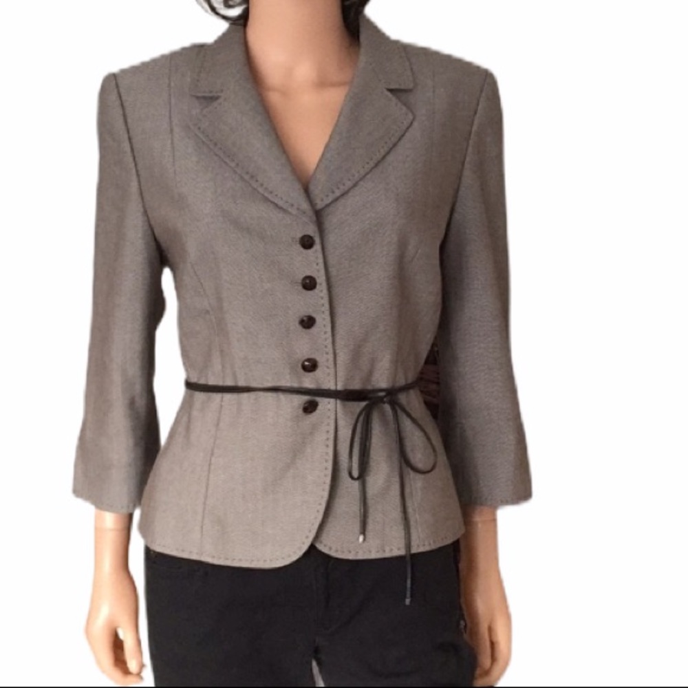 Tahari Taupe Herringbone Tailored Blazer with Tie Belt Size 12